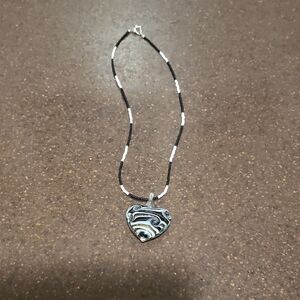 Murano Glass Heart Necklace: Copper Stripes, Navy & White, 18" Cord with heart.